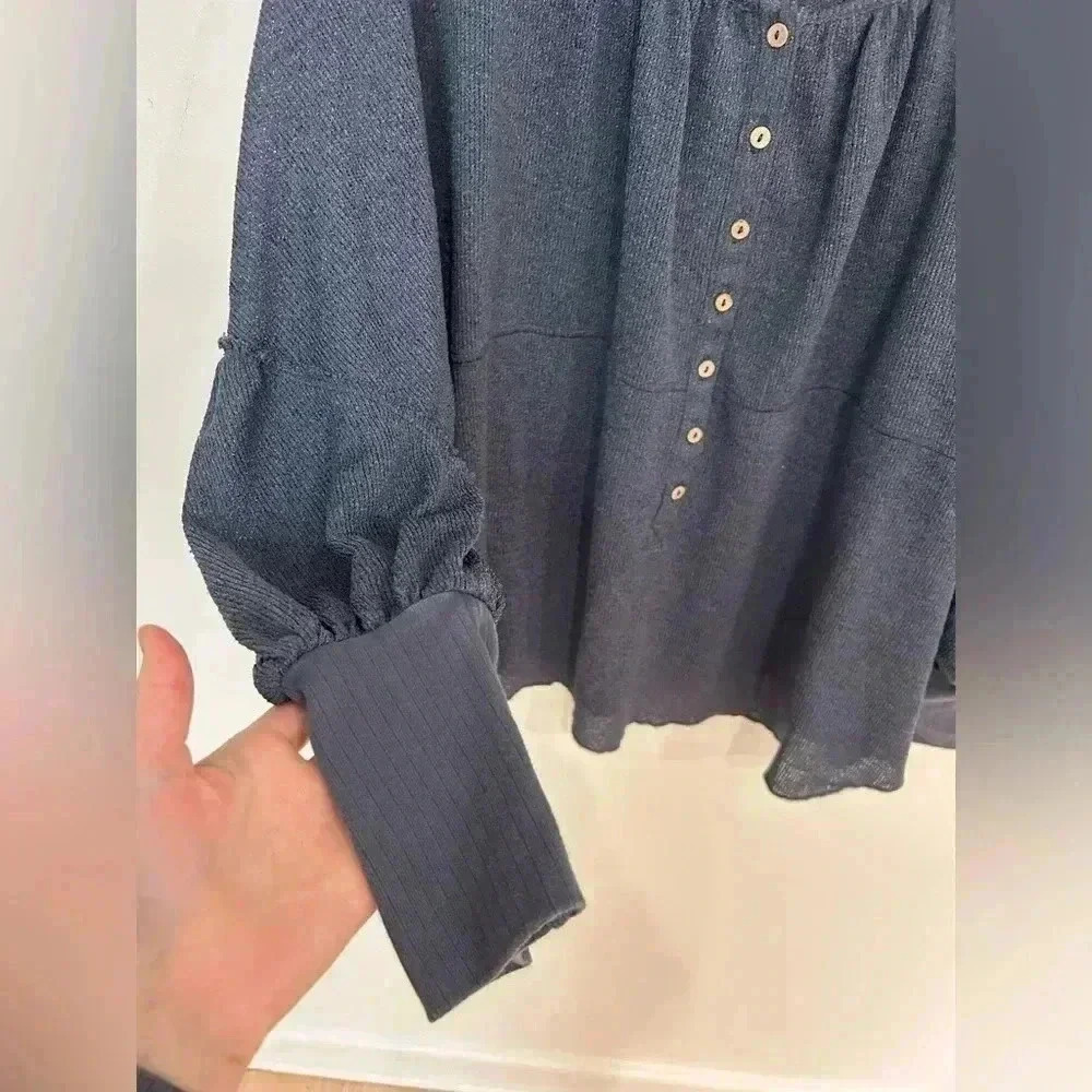 FREE PEOPLE boho Marla knit jersey button down Henley top XS - Picture 9 of 12